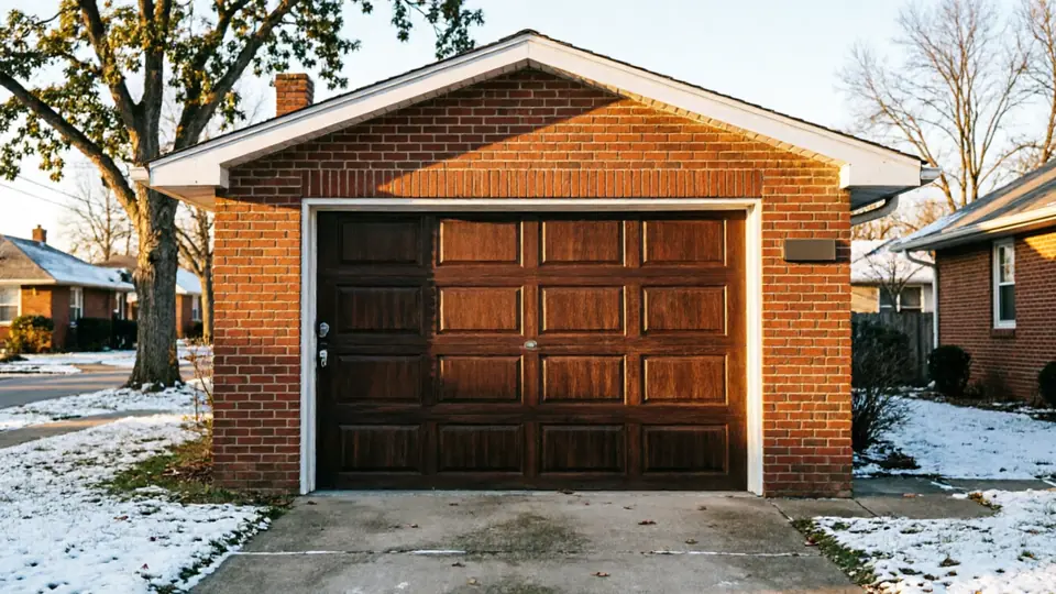 A brown paneled garage door on a brick garage with snow on the ground.