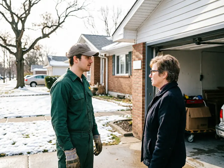 A technician in a green uniform talks to a woman in front of a house.