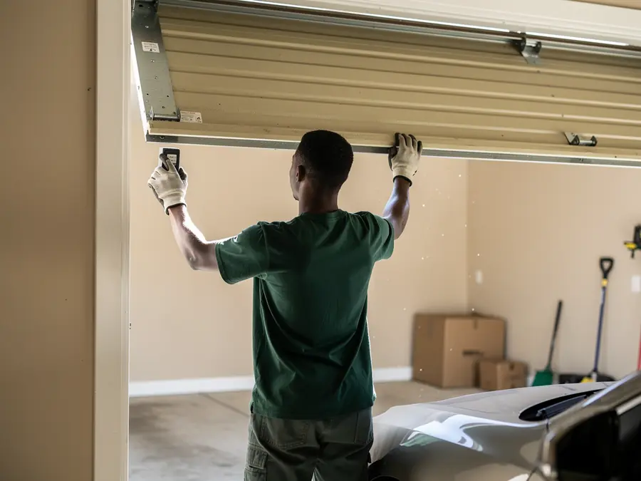 A technician in a green shirt and gloves works on an open garage door.
