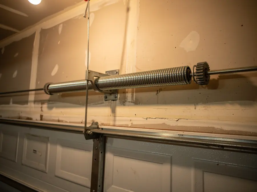 The torsion spring is mounted above a white garage door.