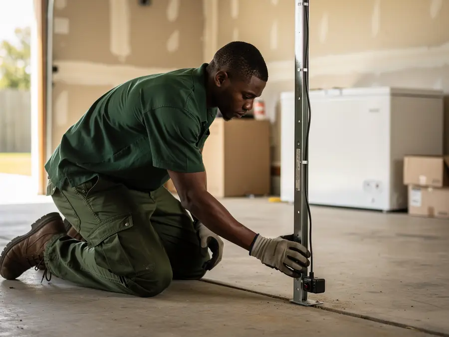 A technician kneels on a concrete floor, adjusting a garage door sensor.