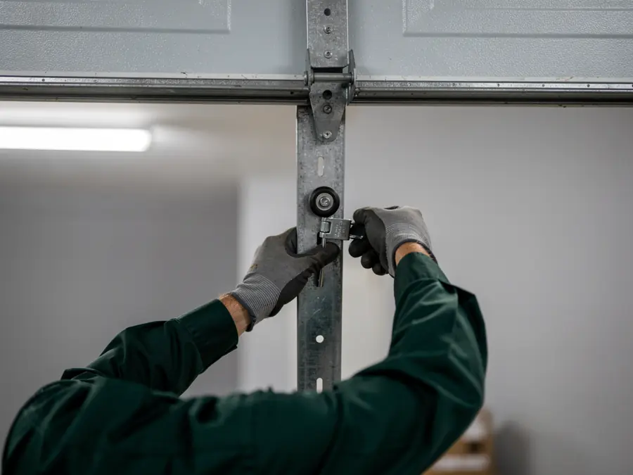 A technician in gloves is adjusting a garage door roller and track.