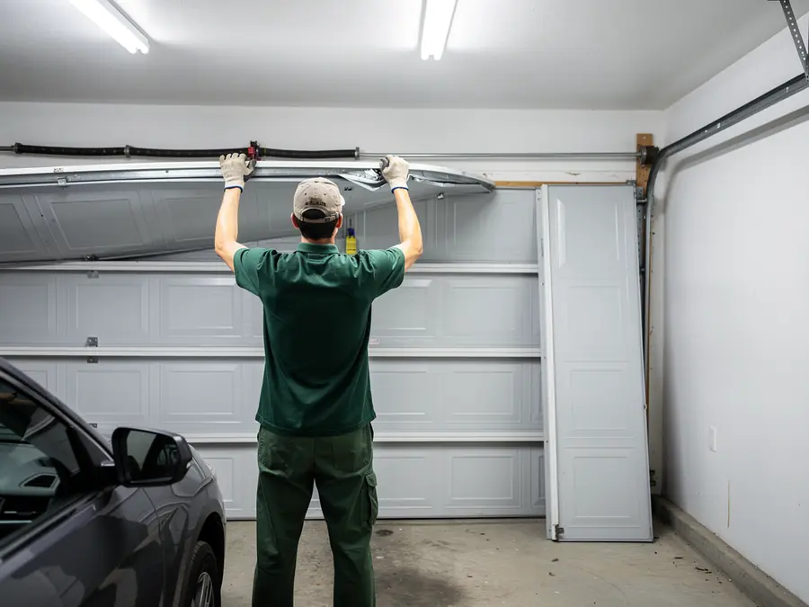 A technician installs a new white garage door panel in a garage.
